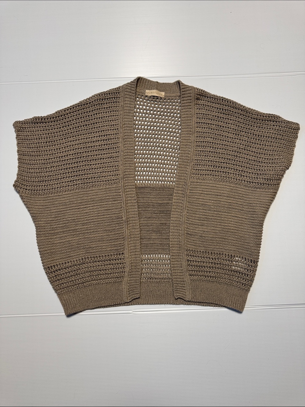 PUROTATTO Open-Knit Cocoon Cardigan Sweater Taupe Cotton Metal Gold Thread 38/M